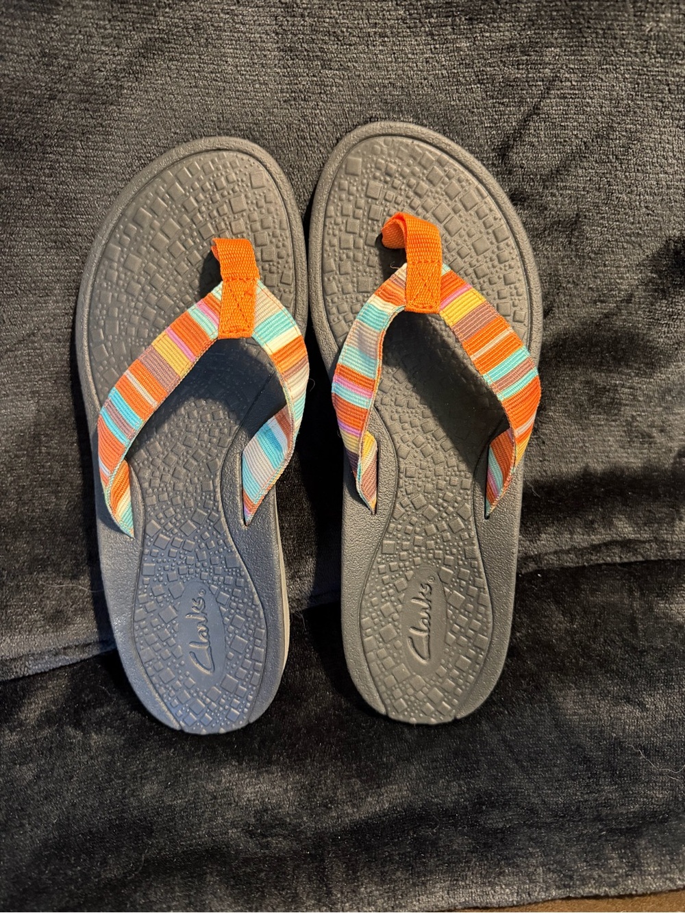Clarks Gray Flip Flops with Orange and Multicolor Straps